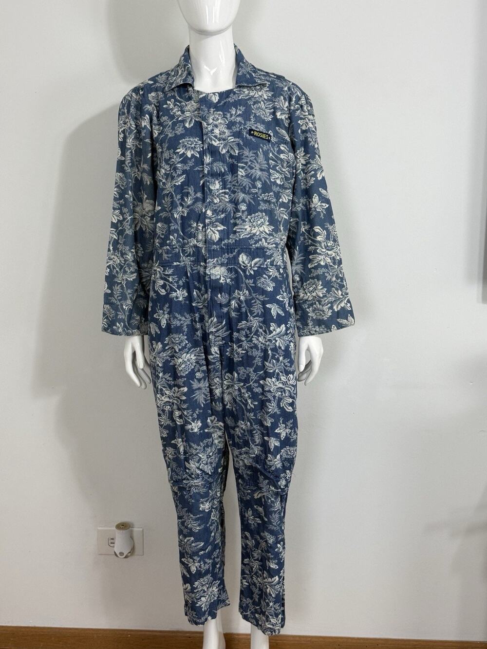 Rosies Womens Size S Floral Coveralls Jumpsuit Blue Denim Cotton Workwear USA